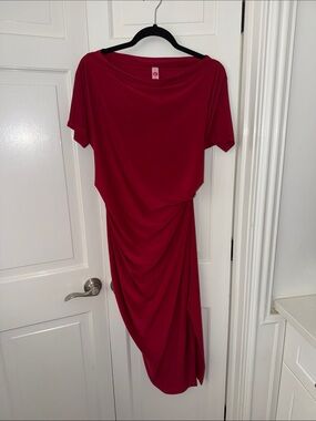 Red Asymmetrical Draped Short-Sleeve Dress